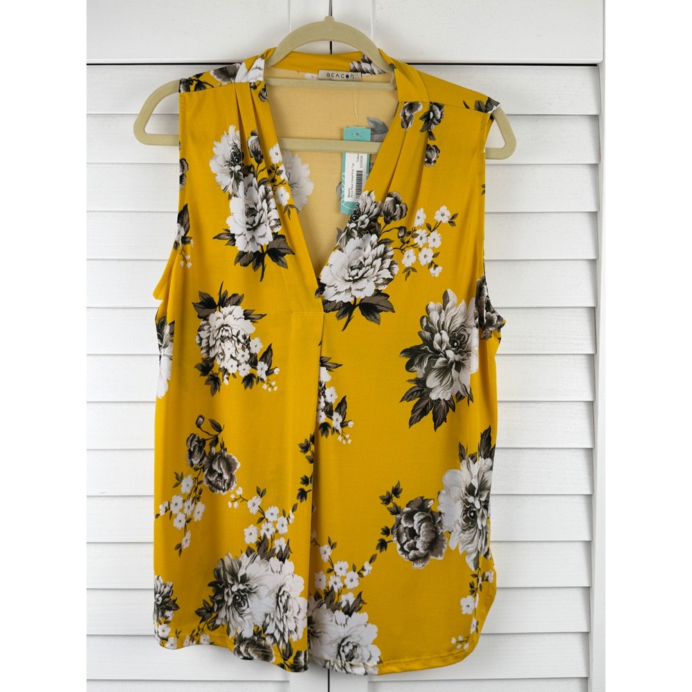 Beacon Alicia Pleat Knit Top XL Yellow Floral Sleeveless V-Neck NEW